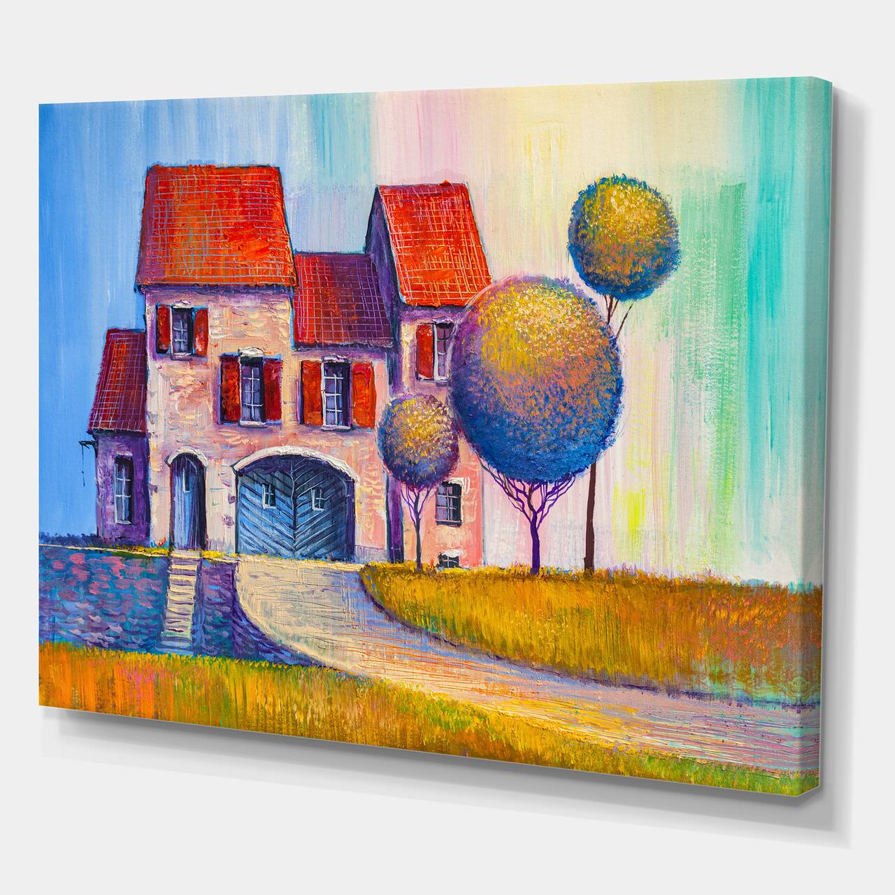 Designart - House With Red Roof In The Village - Modern Canvas Wall Art Print